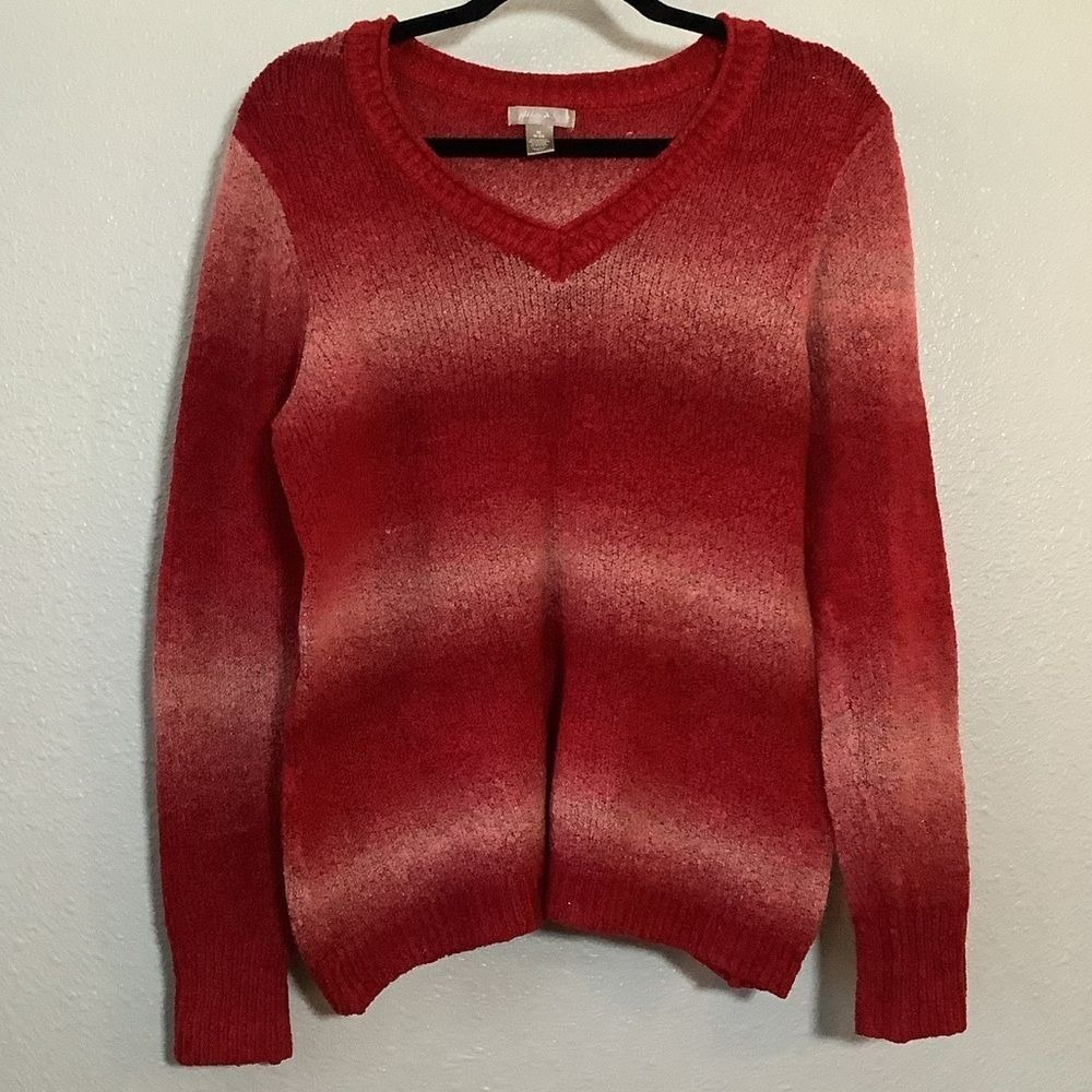 Red V Neck Sweater Medium Ombre Knit Striped Autumn Fall Casual Pullover Jumper